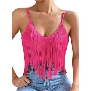 Women's Pink Fringe Tank Top Western Festival Clothing Cowgirl V Neck Outfits